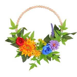 Couronne de fleurs faite main avec perles en bois et fleurs éclatantes de printemps et d'été