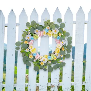 Couronne de Marguerites Roses Artificielles Printemps Été Couronne Florale pour Porte Extérieur Jardin Maison Couronne Eucalyptus