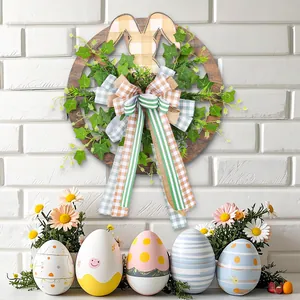 Couronne de Roue de Wagon de Lapin en Bois de Pâques Noeud à Carreaux Verdure Artificielle Décoration de Porte