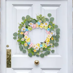 Couronne printanière de marguerites et roses artificielles pour décoration de porte