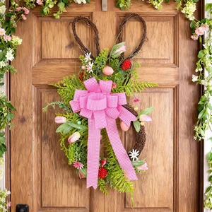 Ghirlanda Di Pasqua Con Coniglio In Rami Secchi Con Fiocco Rosa A Quadretti Fiori Di Tulipano Artificiali E Uova Per Decorazione Esterna