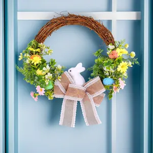 Easter Bunny Wreath Colorful Foam Eggs Burlap Lace Bow Pastoral Spring Vine Floral Garland for Front Door Holiday Decor