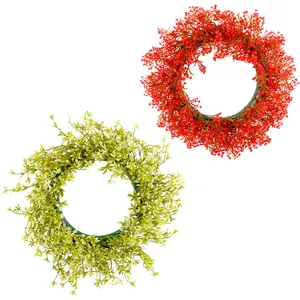 Set van levendige rode en lichtgroene lentekransen voor tuin en voordeur decoratie buiten.