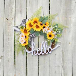 Rustic sunflower floral wreath with hello sign and striped ribbon for front door decor