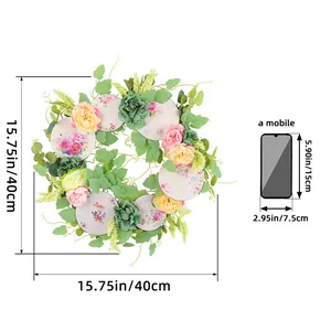 Ghirlanda floreale primaverile con piatti in porcellana e fiori rosa, diametro 40 cm.