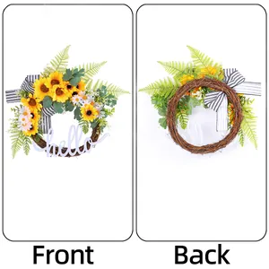 Sunflower 'hello' wreath door hanging with yellow flowers, daisies and green leaves