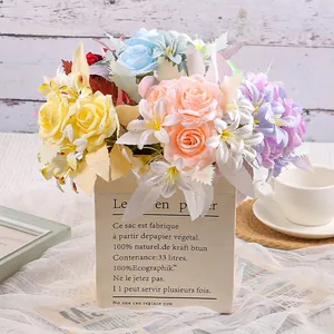 Colorful artificial rose lily bouquet in a French kraft bag for romantic home decor.