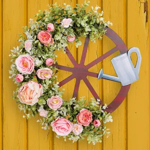 Lente Gieter Wiel Krans Landhuis Hout Plastic Stof Bloemen Slinger Voor Voordeur Buiten Tuin Huis Wanddecoratie