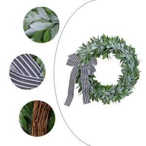 Artificial Lamb's Ear Wreath With Black And White Striped Bow Classic Green Leaf Hanging Wreath For Front Door Window Home Decor