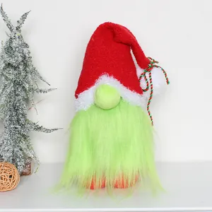 Detailed view of Grinch-themed Christmas gnome plush with red hat and green beard