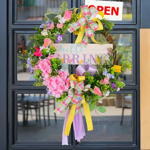 Couronne de Printemps avec Branches Plaque en Bois Nœud Coloré Fleurs de Simulation Hortensia Tulipe Décoration Murale Maison