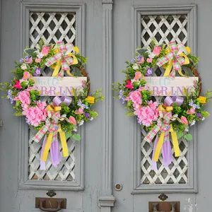 Couronne de fleurs de printemps avec panneau Hello Spring et nœuds en ruban coloré