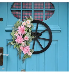Decorative pink spring floral wagon wheel wreath for outdoor garden door hanging