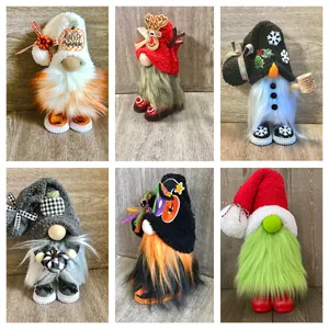 A collection of six plush faceless gnomes with autumn, Halloween, and Christmas themes