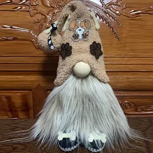 Detailed view of a dog-themed plush gnome doll with sherpa hat and long white beard
