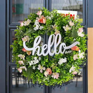 Artificial Eucalyptus Wreath With Hello Sign Pink White Flowers Farmhouse Front Door Decoration Spring Greenery Decor
