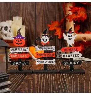 Set of three Halloween wooden directional signs for tabletop decoration