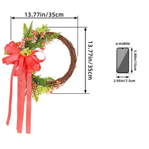 Decorative twig wreath with red ribbon bow and streamers, 13.77 inch diameter size info