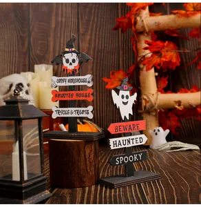 Halloween wooden road sign table ornaments with spooky text and festive decorations
