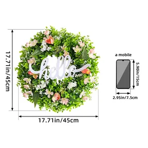 Spring eucalyptus wreath with Hello sign for front door, measuring 17.7 inches wide.