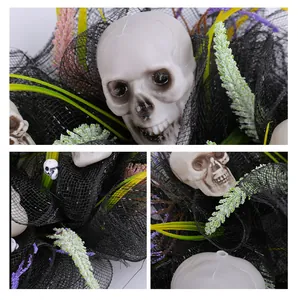 Λεπτομέρεια στεφανιού Halloween με μαύρο δίχτυ και διακοσμητικά πλαστικά κρανία