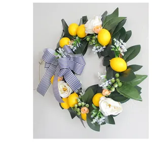 Summer artificial lemon wreath with navy striped bow for front door garden decoration