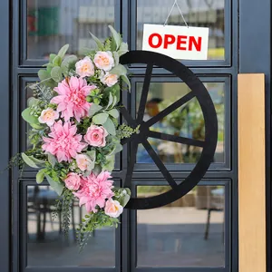 Spring Pink Floral Wheel Wreath For Front Door Outdoor Garden Decoration Faux Dahlia Rose Eucalyptus Leaf Farmhouse Rustic Wood Garland