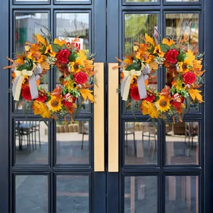 Thanksgiving Wreath Harvest Maple Leaf Sunflower Bowknot Rattan Base Garland For Front Door Autumn Home Wall Decoration