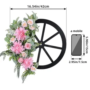 Pink floral wagon wheel wreath spring outdoor wall hanging decor 42cm diameter