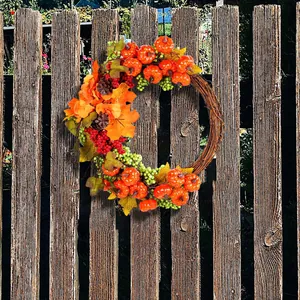 Guirlanda de Calabaza de Otoño Acción de Gracias Hojas de Arce Piñas Ratán Adorno de Puerta para Decoración de Hogar Fiesta
