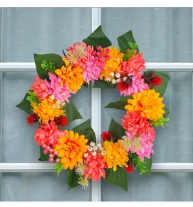 Detailed view of a vibrant autumn chrysanthemum wreath for Thanksgiving home decoration