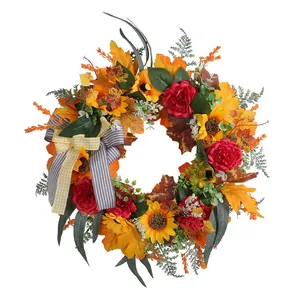 Thanksgiving harvest wreath with maple leaves sunflowers and checkered bow decoration