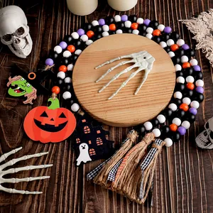 Halloween Wood Bead Garland Tassels Ghost Castle Pumpkin Witch Hanging Ornament Festive Home Party Wall Decor