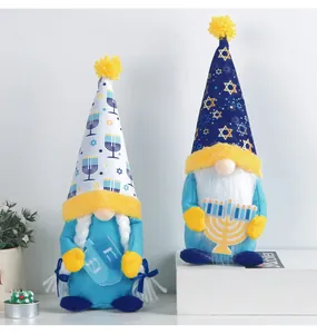 Pair of decorative blue Hanukkah gnome plush dolls featuring Star of David and Menorah details
