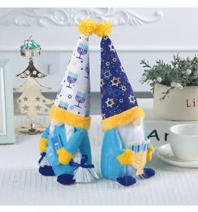 Set of two blue and yellow Hanukkah gnomes with Menorah and Star of David patterns