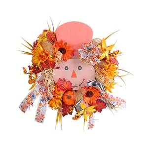 Autumn scarecrow wooden wreath with sunflowers and pumpkins for harvest festival decor