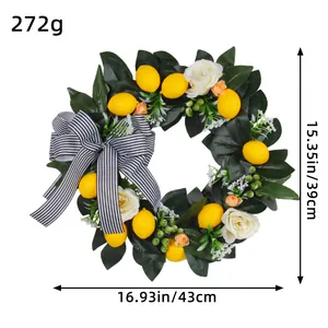 Artificial lemon wreath with black white bow, 16.93 inch door decoration for garden