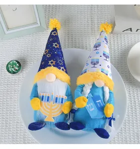Set of blue Hanukkah gnomes with Star of David and Menorah patterns for holiday decor.