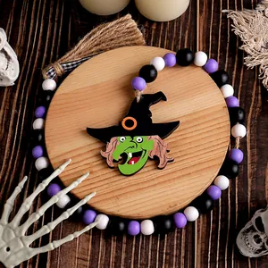 Halloween wooden bead garland with green witch pendant for festive party home decoration