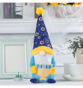 Handcrafted Hanukkah gnome plush holding a Menorah with gold Star of David tall hat