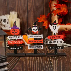 Halloween Wooden Sign Desk Ornament Cute Pumpkin Skull Ghost Signpost Tabletop Decoration For Festive Party Home Decor