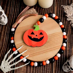 Halloween wooden bead garland with pumpkin pendant for holiday party home decoration