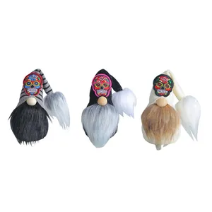 Set di 3 gnomi di Halloween con ricamo a teschio di zucchero e lunga barba di finta pelliccia