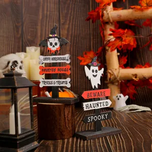 Halloween wooden tabletop signs with spooky ghost and skull motifs for home decor
