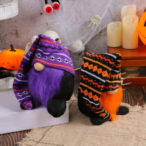 Handgemaakte Halloween kabouter knuffels set van 2 met lange gebreide mutsen decor