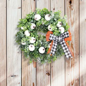 Oogst Krans Met Witte Pompoenen En Strik Voor Voordeur Decoratie Kunstmatige Groene Bladkrans Voor Aan De Muur Thuis