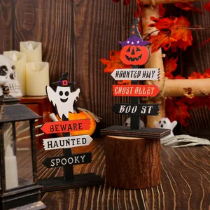 Set of two cute Halloween wooden road sign ornaments with ghost and pumpkin designs