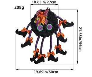 Detailed dimensions of Halloween spider door hanger showing 55cm height and witch boot legs