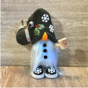 Handmade festive Christmas gnome plush doll with black snowflake hat and corn accessory