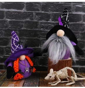 Handcrafted Halloween vampire gnome plush dolls on wood stump with mouse skeleton